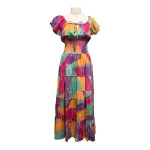 Sol Clothing Colorful Floral Maxi Dress Size Short Puffy Sleeves Size Large Long
